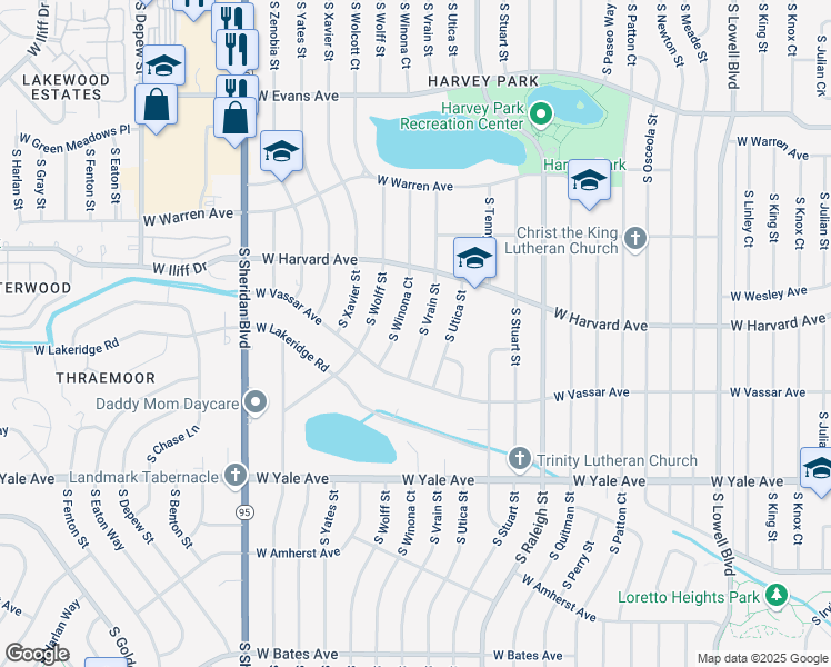 map of restaurants, bars, coffee shops, grocery stores, and more near 2561 S Vrain St in Denver