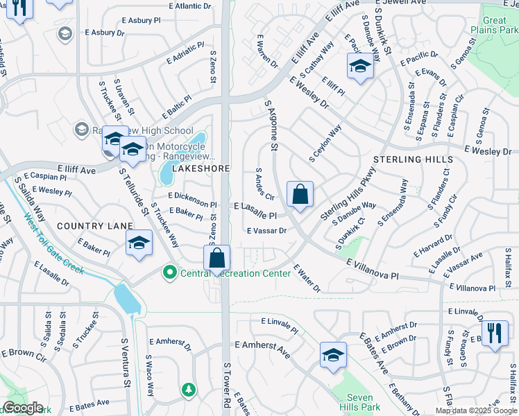 map of restaurants, bars, coffee shops, grocery stores, and more near 18613 East Lasalle Place in Aurora