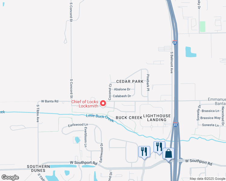 map of restaurants, bars, coffee shops, grocery stores, and more near 2627 Abalone Drive in Indianapolis