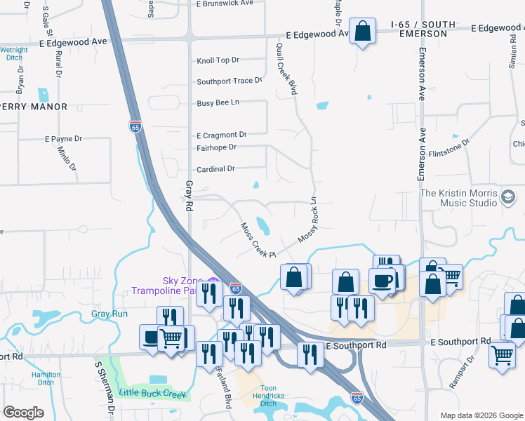 map of restaurants, bars, coffee shops, grocery stores, and more near 4505 Moss Ridge Lane in Indianapolis