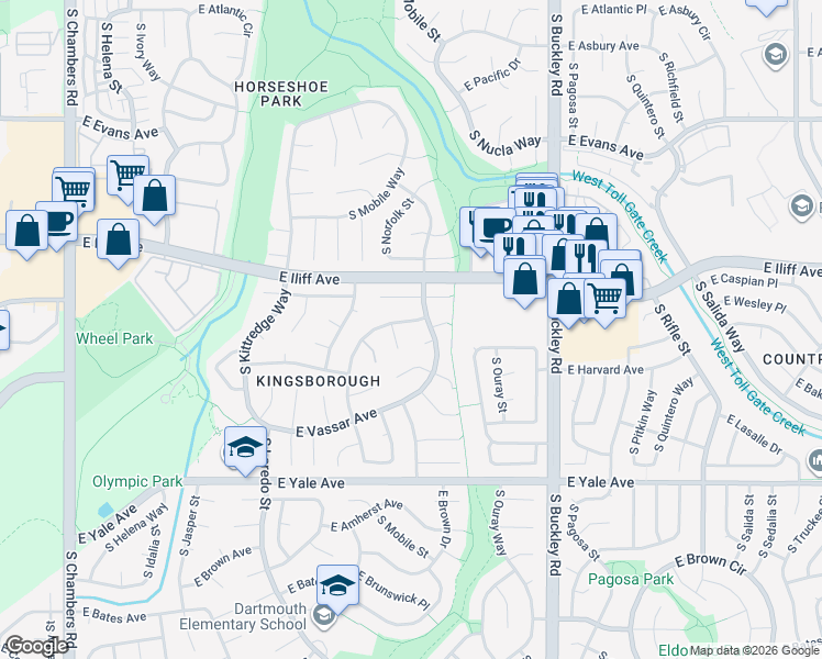 map of restaurants, bars, coffee shops, grocery stores, and more near 16553 East Baker Place in Aurora