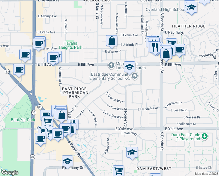 map of restaurants, bars, coffee shops, grocery stores, and more near 11456 East Vassar Drive in Aurora