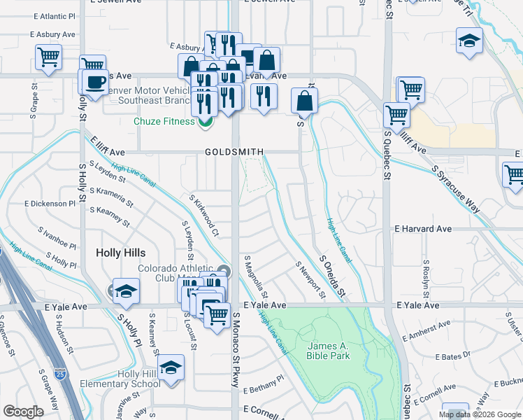 map of restaurants, bars, coffee shops, grocery stores, and more near 6663 East Baker Place in Denver