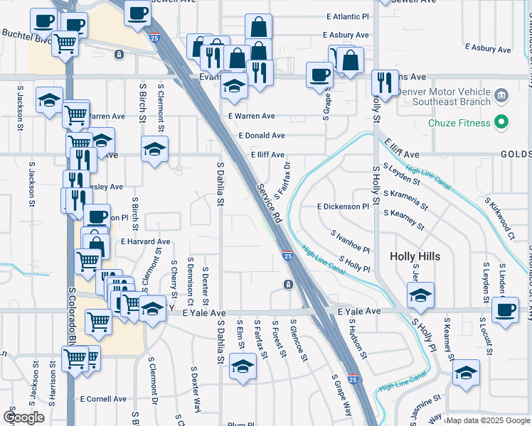 map of restaurants, bars, coffee shops, grocery stores, and more near 4861 East Harvard Lane in Denver