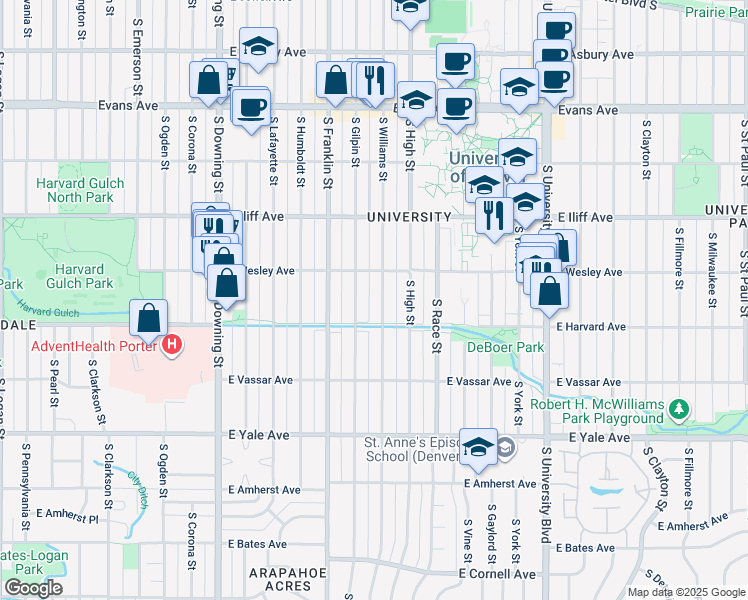 map of restaurants, bars, coffee shops, grocery stores, and more near 2458 South Gilpin Street in Denver