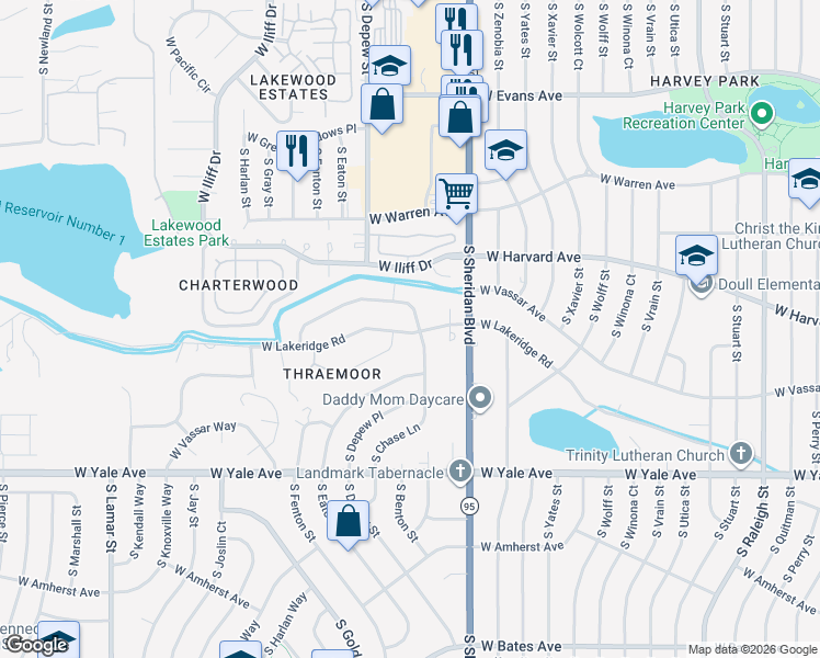 map of restaurants, bars, coffee shops, grocery stores, and more near 2501 South Chase Lane in Lakewood