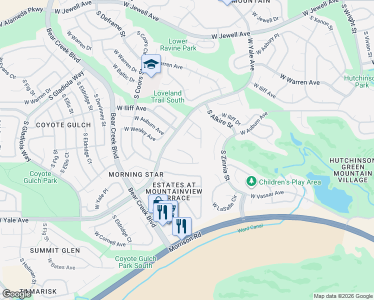 map of restaurants, bars, coffee shops, grocery stores, and more near 2716 South Cole Court in Lakewood