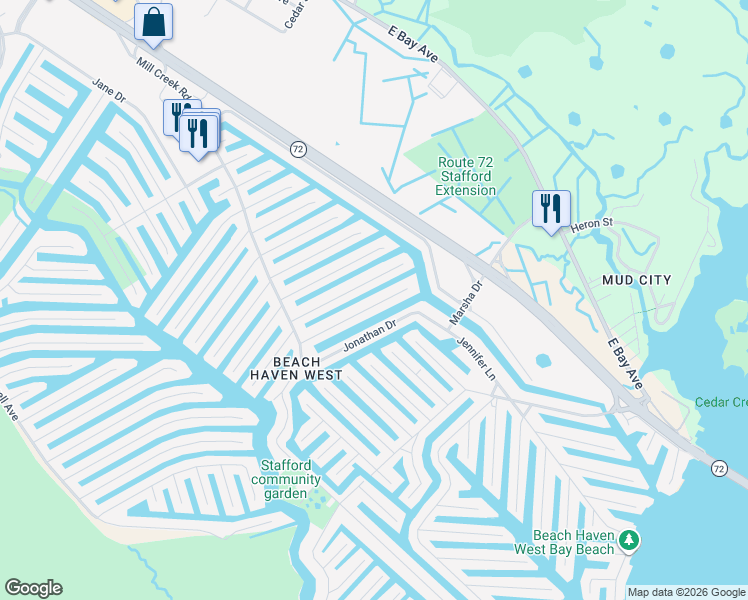 map of restaurants, bars, coffee shops, grocery stores, and more near 68 Gregg Drive in Manahawkin