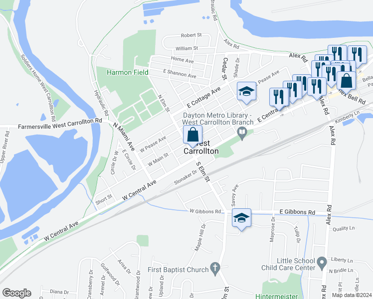 map of restaurants, bars, coffee shops, grocery stores, and more near 12 West Main Street in West Carrollton