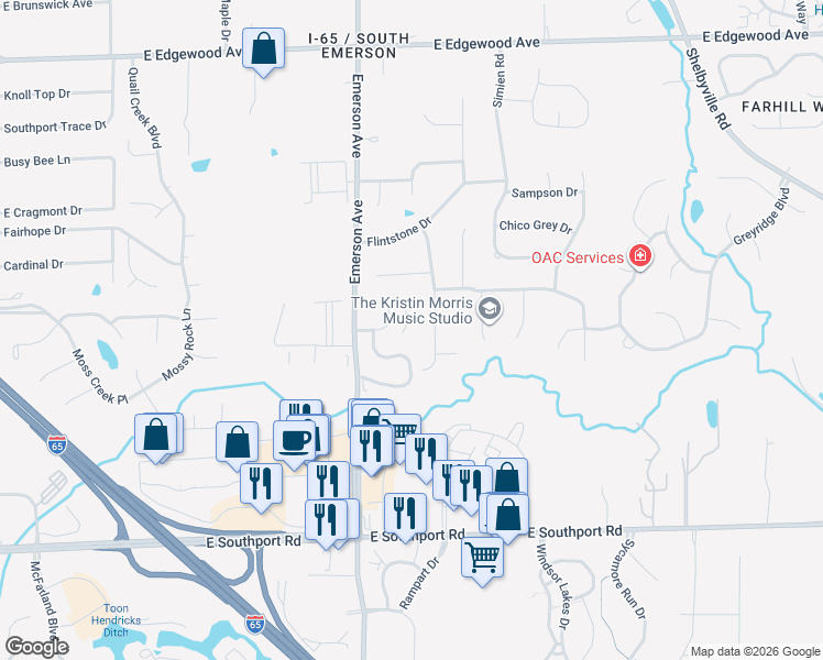 map of restaurants, bars, coffee shops, grocery stores, and more near 6535 South Waybridge Court in Indianapolis