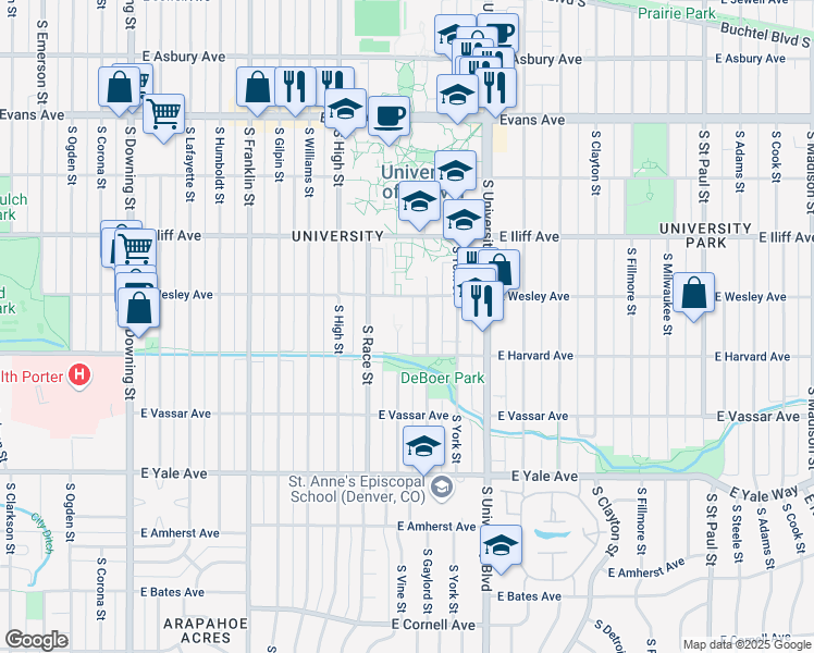 map of restaurants, bars, coffee shops, grocery stores, and more near 2450 South Vine Street in Denver