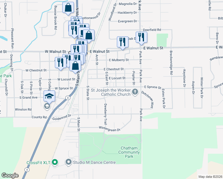 map of restaurants, bars, coffee shops, grocery stores, and more near 412 East Spruce Street in Chatham