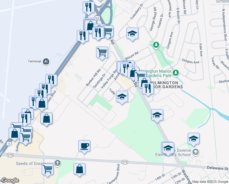 map of restaurants, bars, coffee shops, grocery stores, and more near 9 Tulip Lane in New Castle