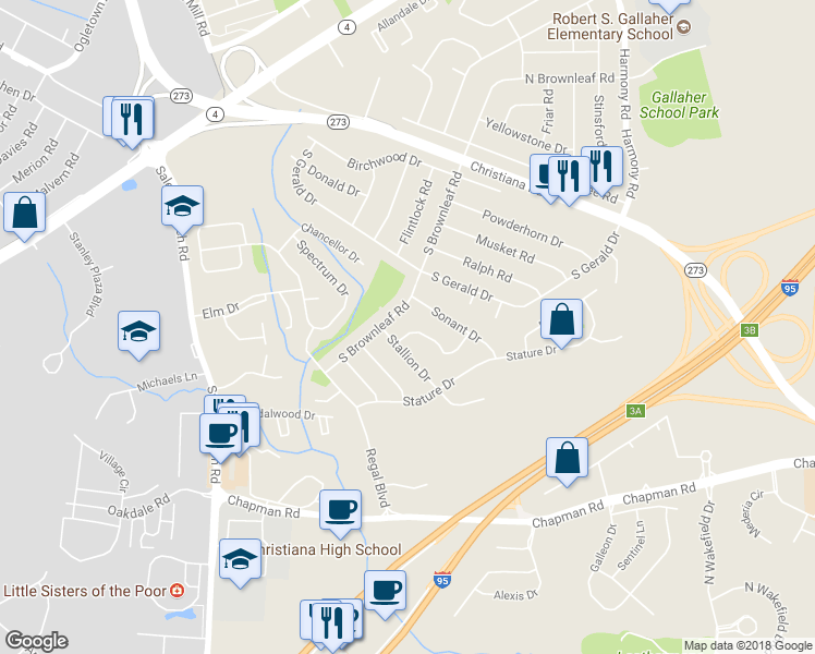 map of restaurants, bars, coffee shops, grocery stores, and more near 7 Spinet Road in Newark