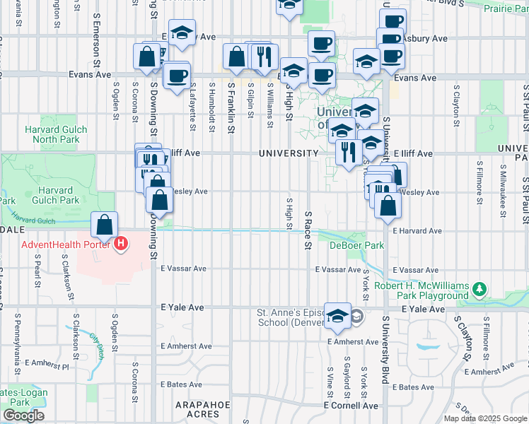 map of restaurants, bars, coffee shops, grocery stores, and more near 2458 South Gilpin Street in Denver
