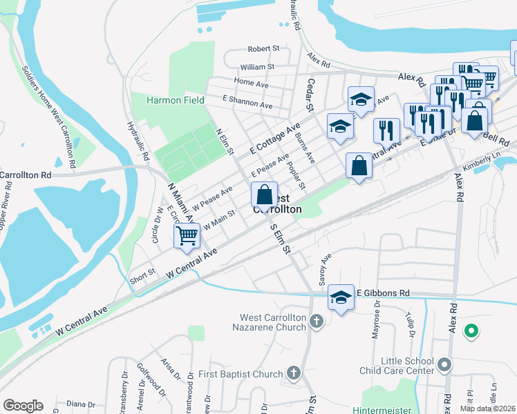 map of restaurants, bars, coffee shops, grocery stores, and more near 12 West Main Street in West Carrollton