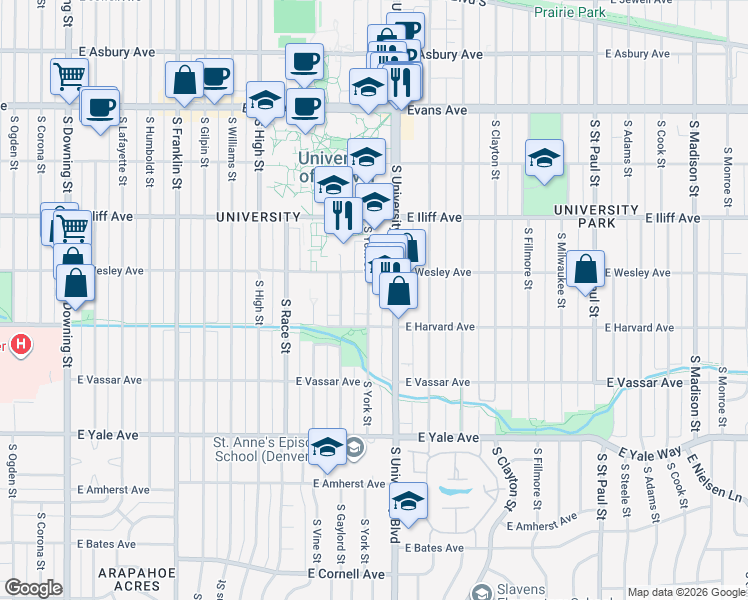 map of restaurants, bars, coffee shops, grocery stores, and more near 2444 South York Street in Denver