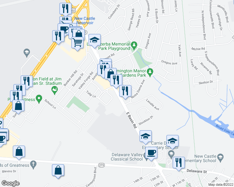 map of restaurants, bars, coffee shops, grocery stores, and more near East Basin Road in New Castle