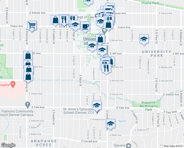 map of restaurants, bars, coffee shops, grocery stores, and more near 2451 South Gaylord Street in Denver