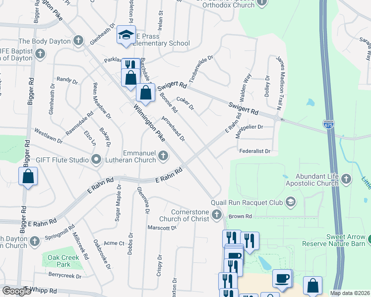 map of restaurants, bars, coffee shops, grocery stores, and more near 4862 Wilmington Pike in Dayton