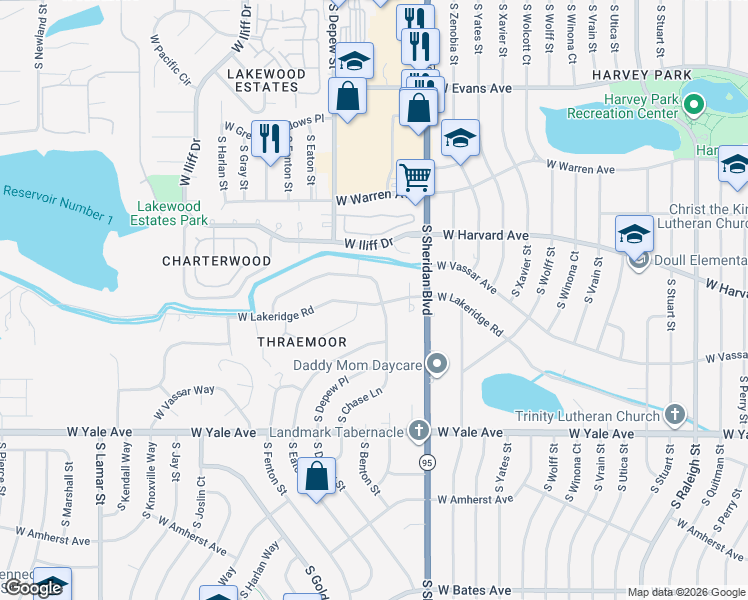 map of restaurants, bars, coffee shops, grocery stores, and more near 2501 South Chase Lane in Lakewood