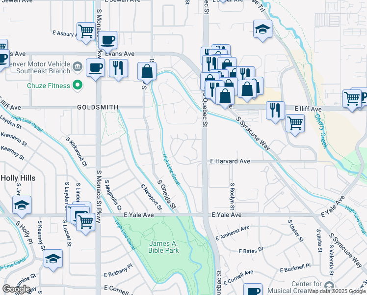 map of restaurants, bars, coffee shops, grocery stores, and more near 2445 South Quebec Street in Denver