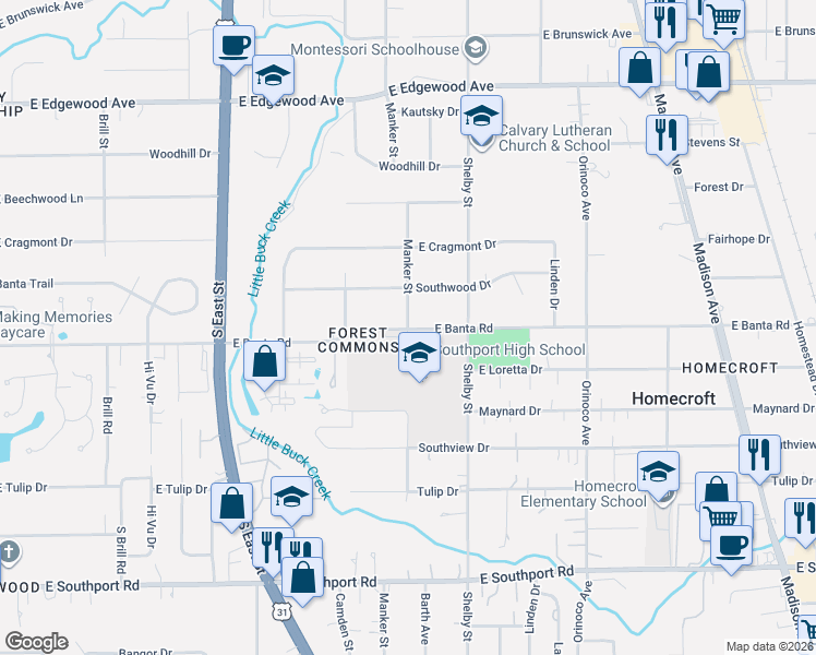 map of restaurants, bars, coffee shops, grocery stores, and more near 6498 Manker St in Indianapolis