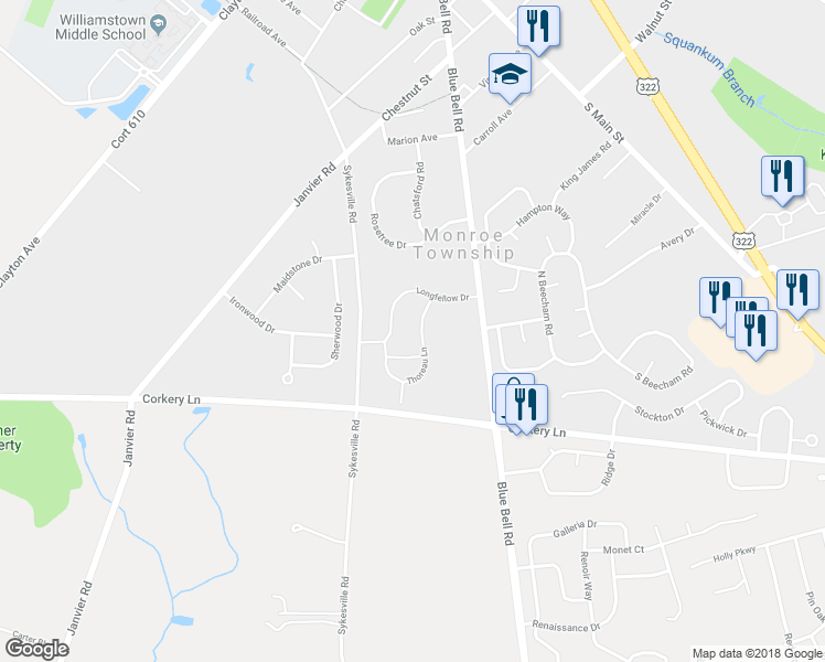 map of restaurants, bars, coffee shops, grocery stores, and more near 831 Thoreau Lane in Monroe Township