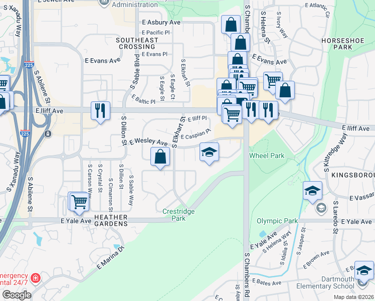 map of restaurants, bars, coffee shops, grocery stores, and more near 2425 South Elkhart Court in Aurora