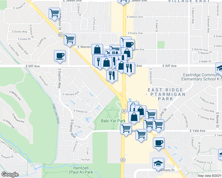 map of restaurants, bars, coffee shops, grocery stores, and more near 2700 South Parker Road in Aurora