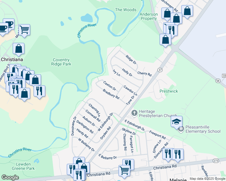 map of restaurants, bars, coffee shops, grocery stores, and more near 2 Caxton Drive in New Castle