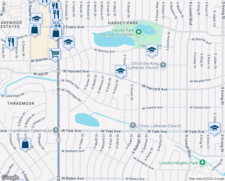 map of restaurants, bars, coffee shops, grocery stores, and more near 2549 South Utica Street in Denver