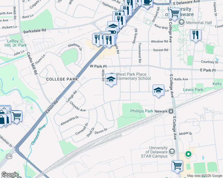 map of restaurants, bars, coffee shops, grocery stores, and more near 193 West Park Place in Newark