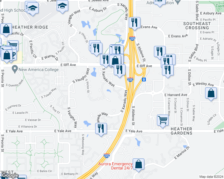 map of restaurants, bars, coffee shops, grocery stores, and more near 2429 South Xanadu Way in Aurora