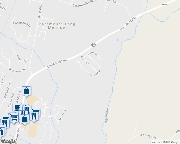 map of restaurants, bars, coffee shops, grocery stores, and more near 19658 Marigold Drive in Hagerstown