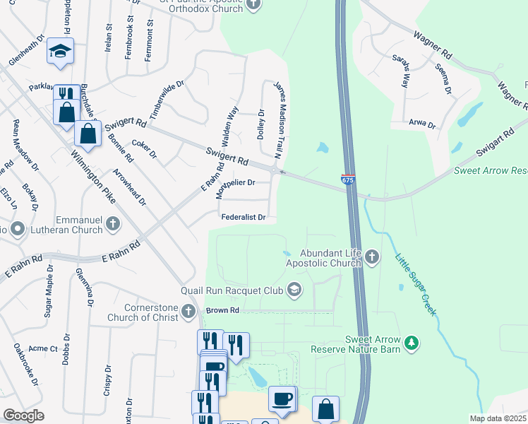 map of restaurants, bars, coffee shops, grocery stores, and more near 3355 Federalist Drive in Dayton