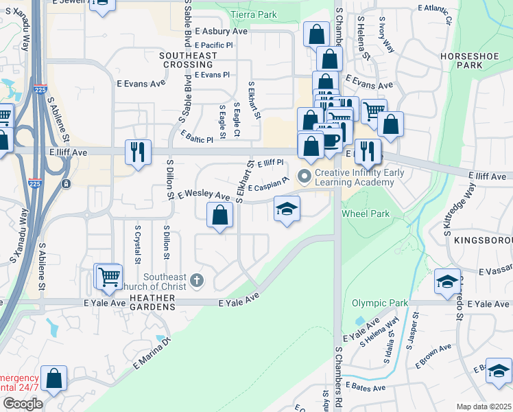 map of restaurants, bars, coffee shops, grocery stores, and more near 2425 South Elkhart Court in Aurora
