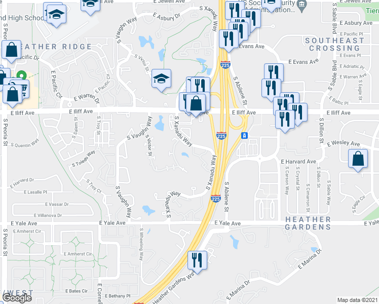 map of restaurants, bars, coffee shops, grocery stores, and more near 2429 South Xanadu Way in Aurora