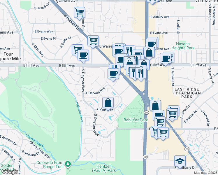 map of restaurants, bars, coffee shops, grocery stores, and more near 10050 East Harvard Avenue in Denver