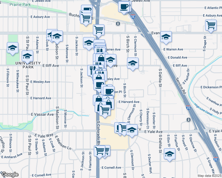 map of restaurants, bars, coffee shops, grocery stores, and more near 4201 East Dickenson Place in Denver