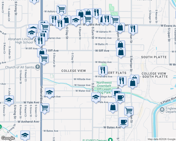 map of restaurants, bars, coffee shops, grocery stores, and more near 2453 West Harvard Avenue in Denver