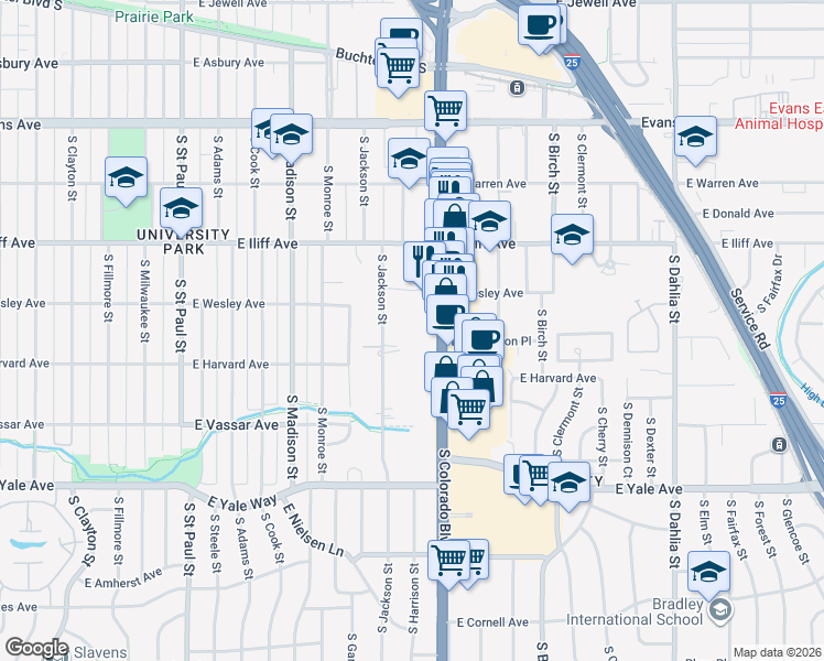 map of restaurants, bars, coffee shops, grocery stores, and more near 2445 South Colorado Boulevard in Denver