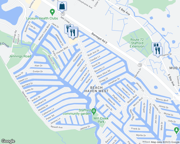 map of restaurants, bars, coffee shops, grocery stores, and more near 995 Mill Creek Road in Stafford Township