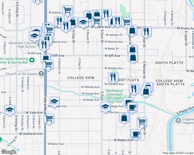 map of restaurants, bars, coffee shops, grocery stores, and more near 2453 West Harvard Avenue in Denver