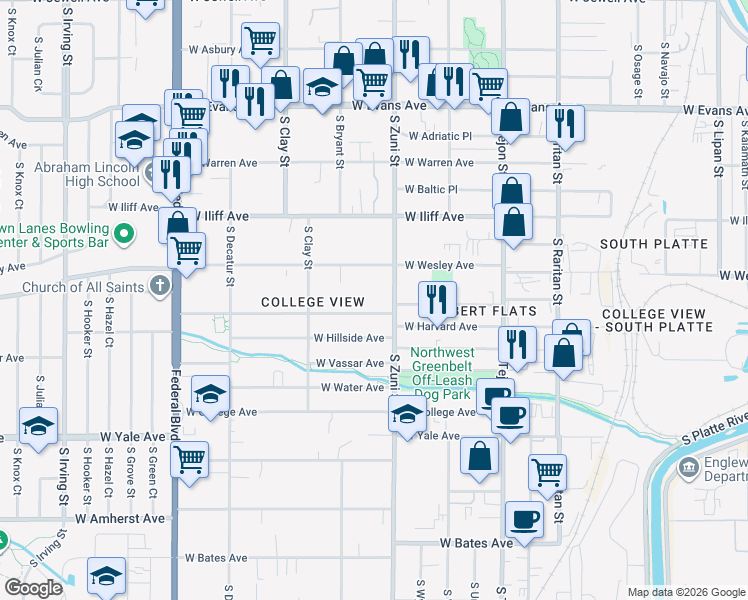 map of restaurants, bars, coffee shops, grocery stores, and more near 2453 West Harvard Avenue in Denver