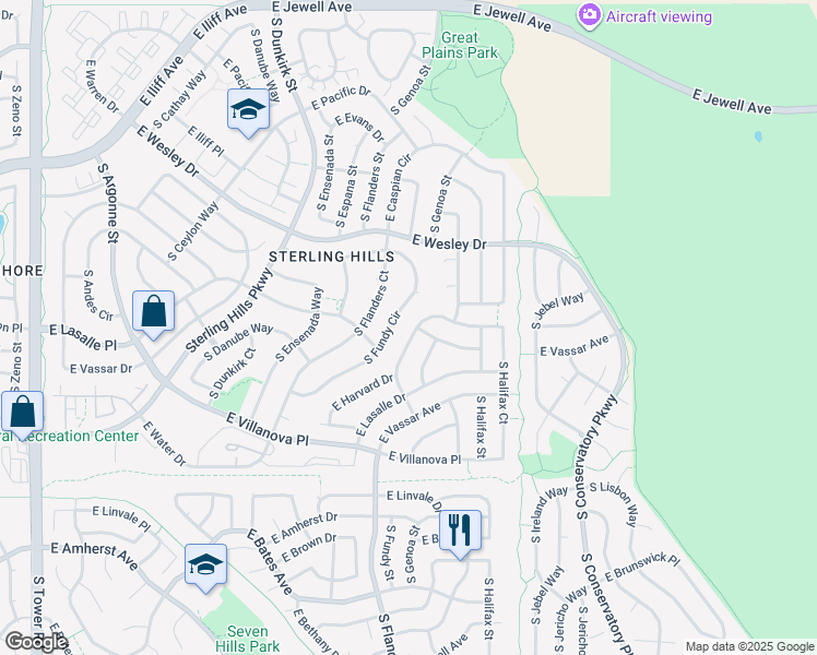 map of restaurants, bars, coffee shops, grocery stores, and more near 2533 South Genoa Street in Aurora