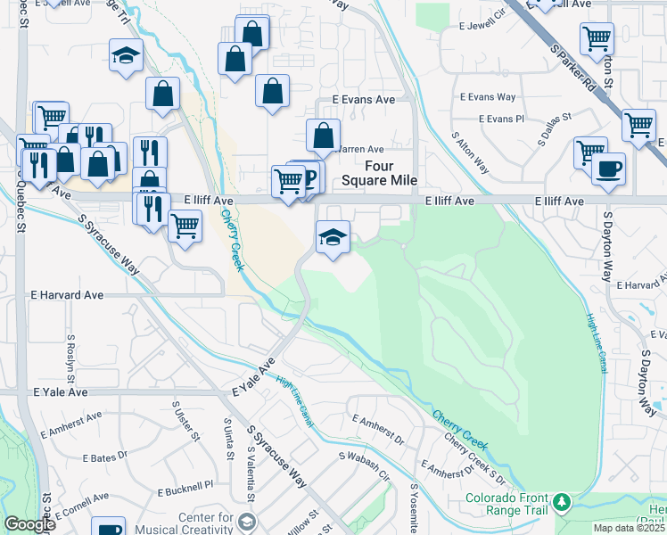 map of restaurants, bars, coffee shops, grocery stores, and more near 2450 South Wabash Street in Denver