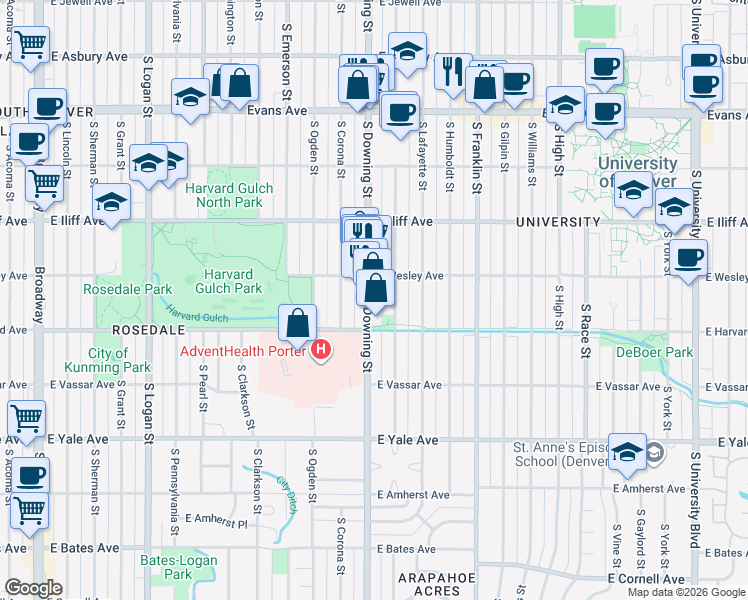 map of restaurants, bars, coffee shops, grocery stores, and more near 2450 South Downing Street in Denver