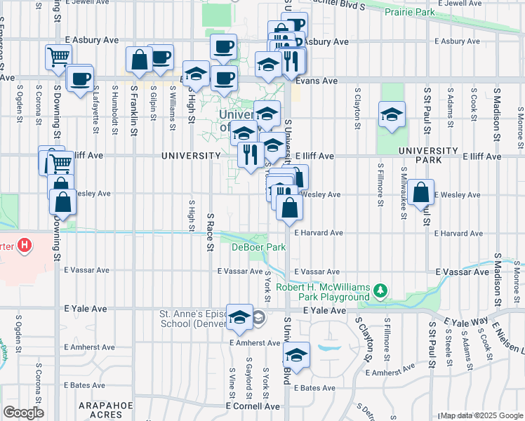 map of restaurants, bars, coffee shops, grocery stores, and more near 2455 South York Street in Denver