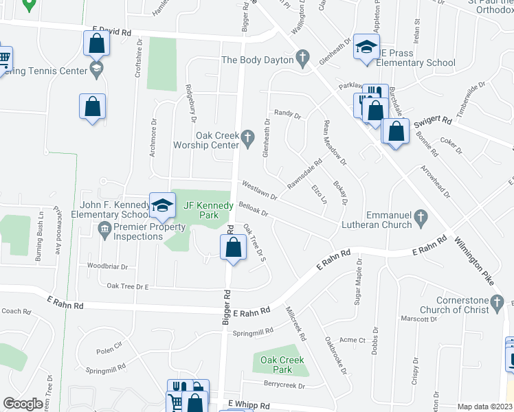 map of restaurants, bars, coffee shops, grocery stores, and more near 2161 Belloak Drive in Dayton